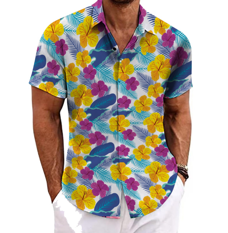 Men's Hawaiian Short Sleeve Shirt - Yellow Flower Print