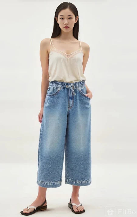 Denim Cropped Pullon Flaired Pant