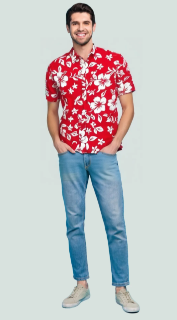 Men's Hawaiian Short Sleeve Shirt - Red-white print