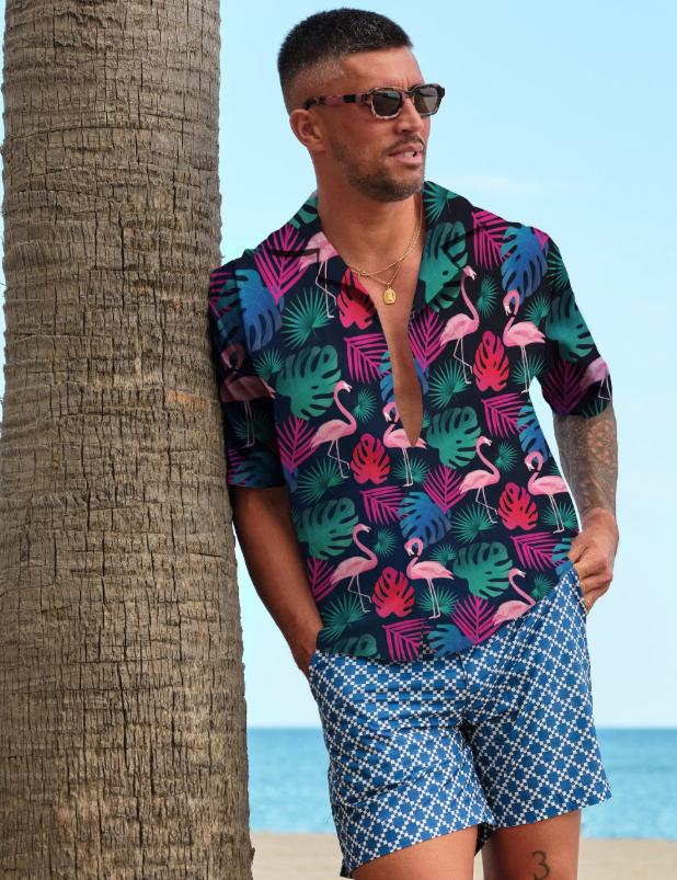 Men's Hawaiian Short Sleeve Shirt - Flamingo Print
