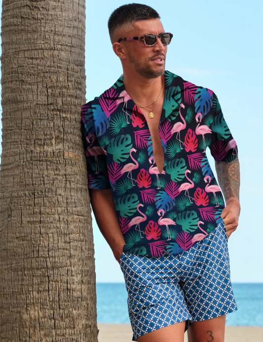 Men's Hawaiian Short Sleeve Shirt - Flamingo Print