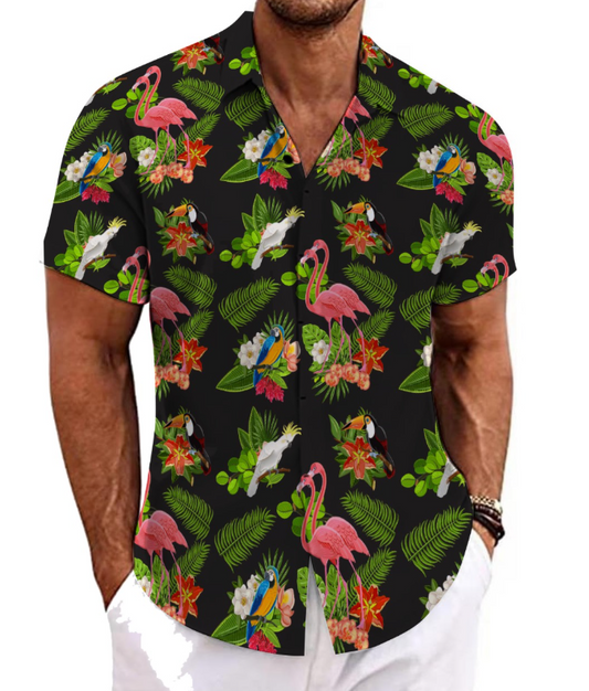 Men's Hawaiian Short Sleeve Shirt - Flamingo with greenish leaves